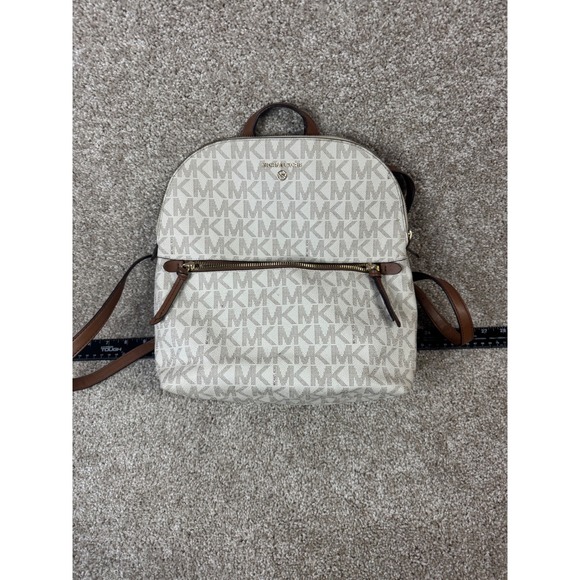 Michael Kors Handbags - Michael Kors Abbey Medium Backpack Signature Logo White Acorn Brown Leather